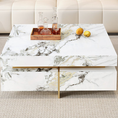 Modern Square Marble Textured Coffee Table With 4 Drawers And Suspended Base, White, 43.3"