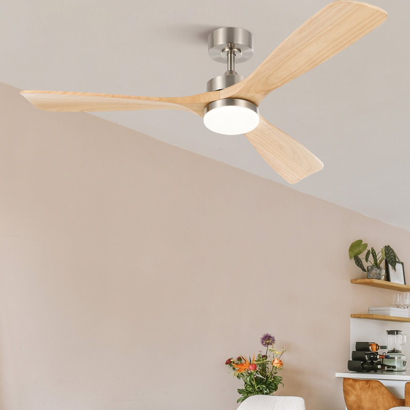 52" Brechter 3-Blade LED Ceiling Fan with Light and Remote, Nickel with Natural Wood Blades