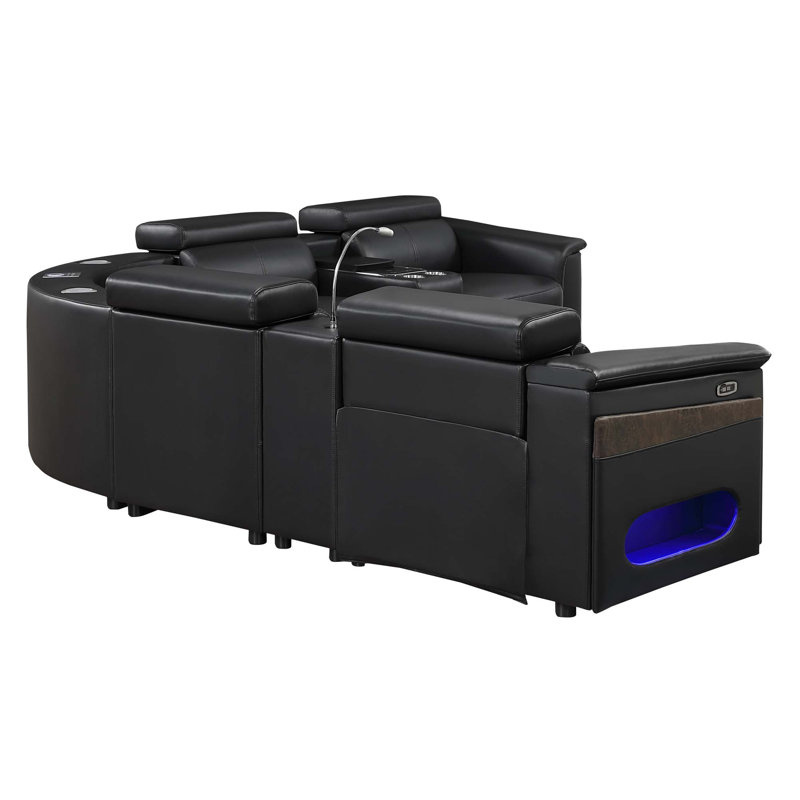 Canapé modulaire moderne avec console de lecture et système de divertissement Bluetooth, Tissu - Noir