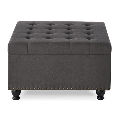 Large Square Storage Ottoman With Wooden Legs, Upholstered Button Tufted Coffee Table With Nail Trims For Living Space,Dark Grey