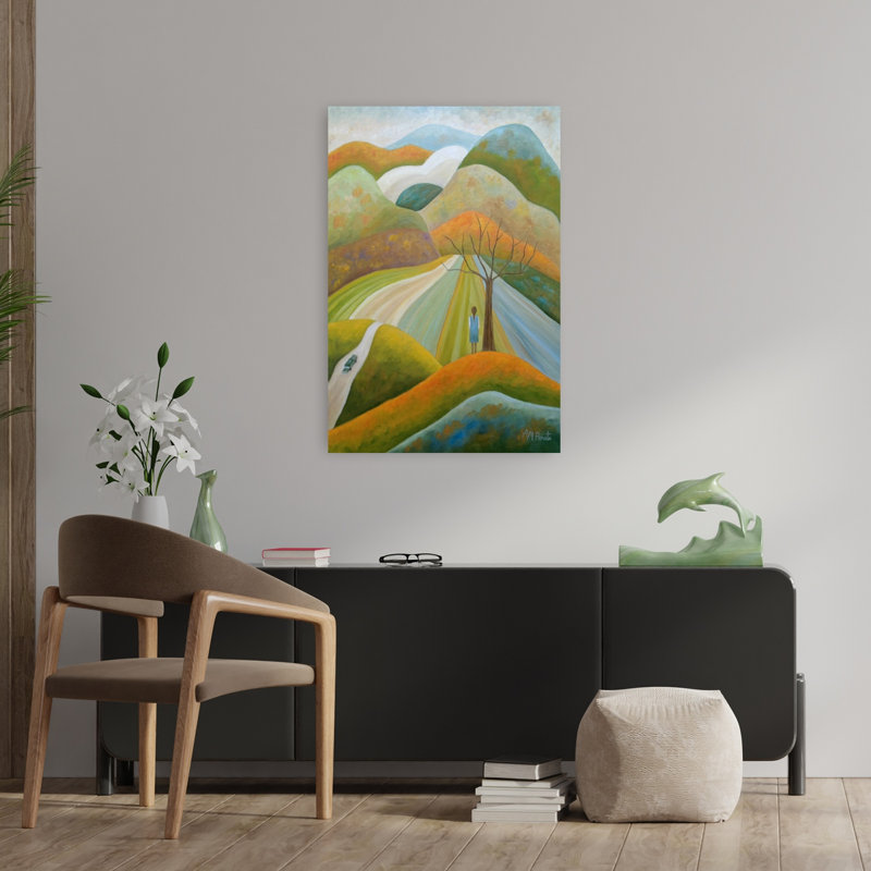 «A Girl's Autumn Journey», art mural coloré, paysage rustique paisible, H 36 po x l 24 po