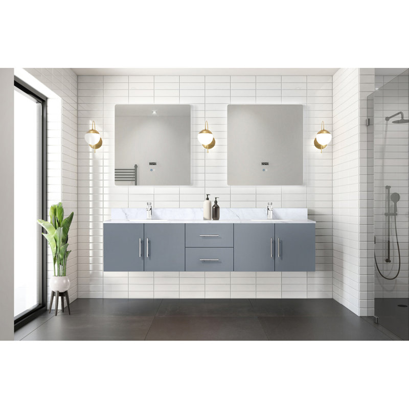Meuble-lavabo double gris foncé 80 po X P 22 po D, dessus en marbre de Carrare et ensemble de robinet, Gris foncé
