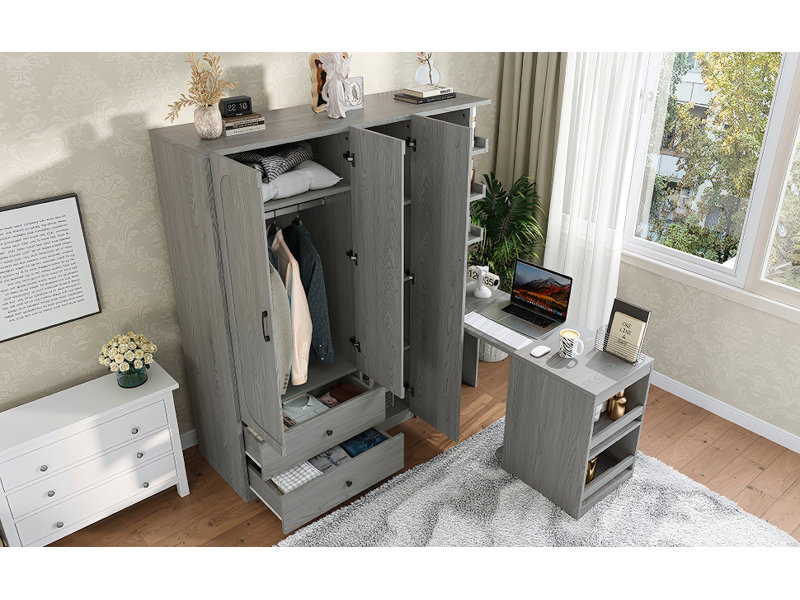 Callen Multifunctional 2-Door Wardrobe With Convertible Desk And Storage Drawers, Durable Wooden Construction, Space-Saving Design