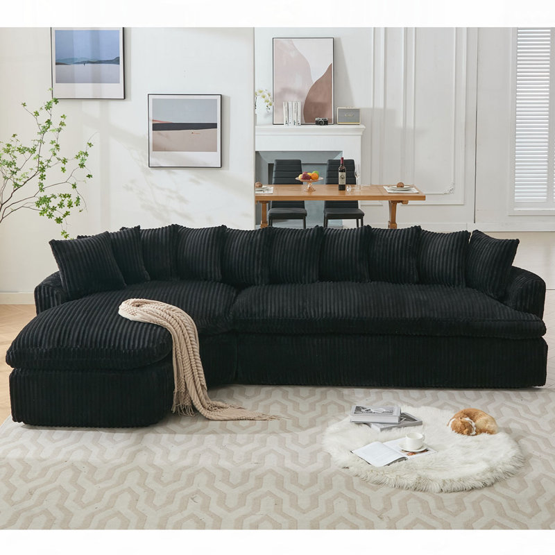 Grand canapé modulaire 127 po, Velours côtelé noir, 21 po H x 29 po P