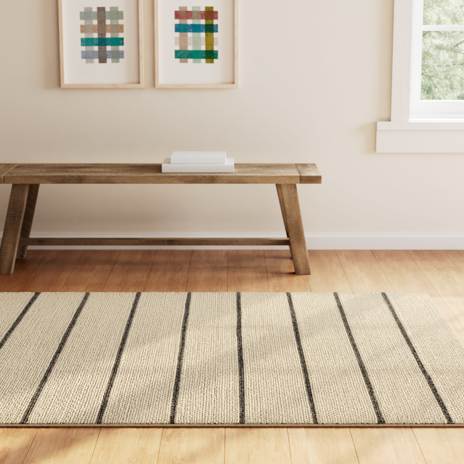 Lemington Ivory Beige Hand-Woven Striped Wool Rug, Rectangle 9 x 12'