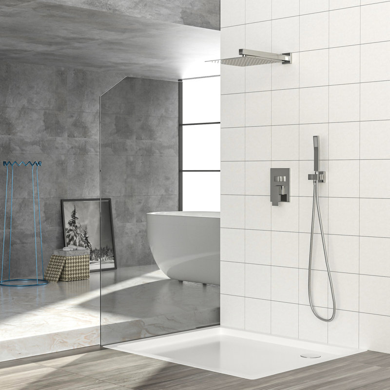 Brushed Nickel 12 Inch Wall Mounted Dual Shower System, - Scald Rough In Valve, Rainfall And Handheld With Easy Cleaning Square , Balanced Finish, For Practical Use