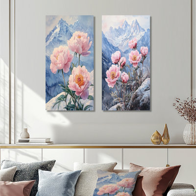 Pivoines par les sommets enneigés I - décoration murale en toile florale 2 panneaux