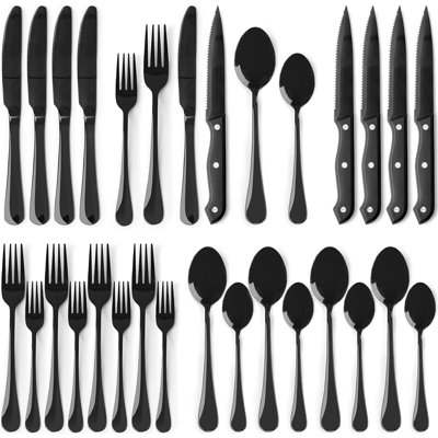 24-Piece Black Mirror Polished Silverware Set, Stainless Steel Cutlery With Steak Knives For 4