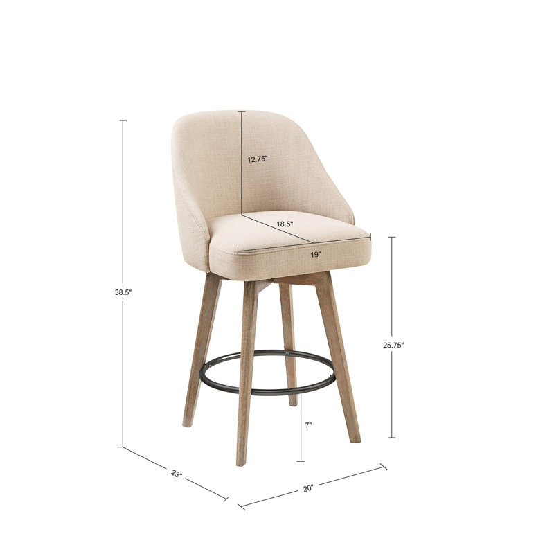 Tabouret de comptoir avec siège rotatif: hauteur de siège de 25,75 po. Pieds en bois massif. Dossier moyen haut. Repose-pieds en métal. Assemblage requis. Capacité de charge maximale de 300 lb. Finition grise récupérée. Et lin. Sable. L 20 po x P 23 po