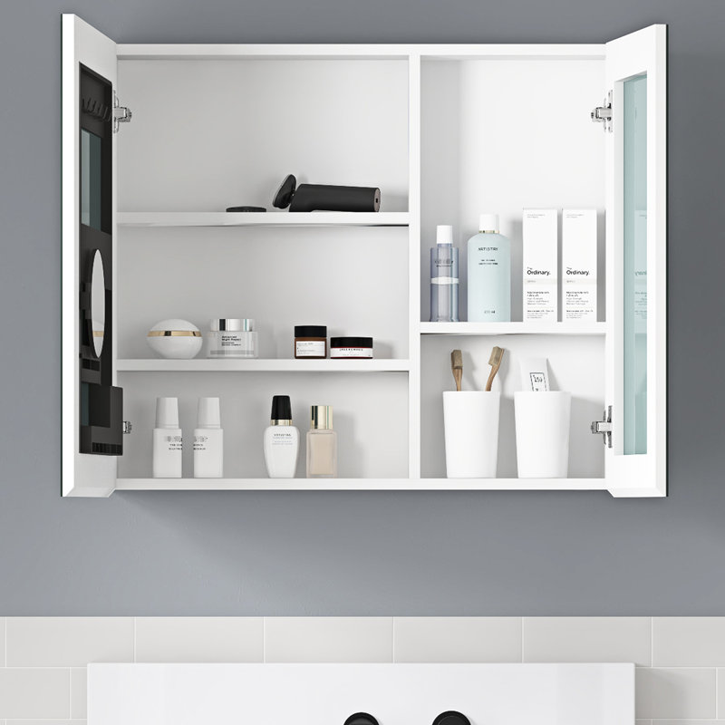 Armoire à pharmacie pour salle de bain à bords biseautés H 30 po x l 26 po, miroir haute définition, bois d'ingénierie blanc, charnières à fermeture en douceur et compartiment de rangement