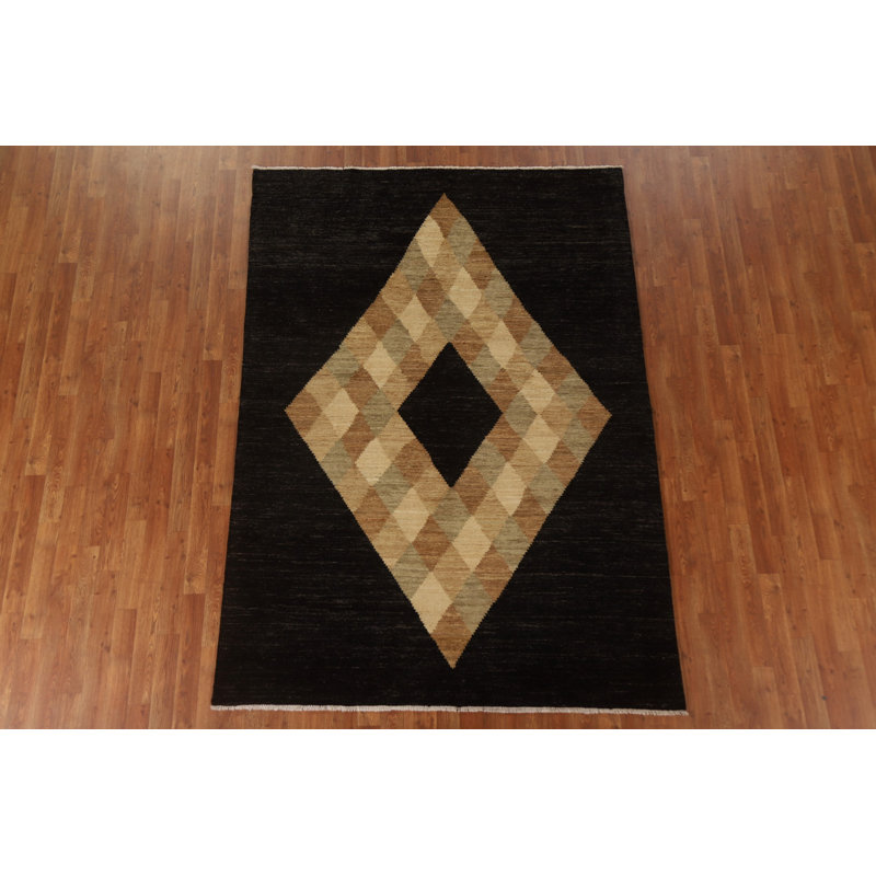 Tapis noir en laine noué à la main de conception unique 5 pi 7 po x 7 pi 10 po New Age Burchette