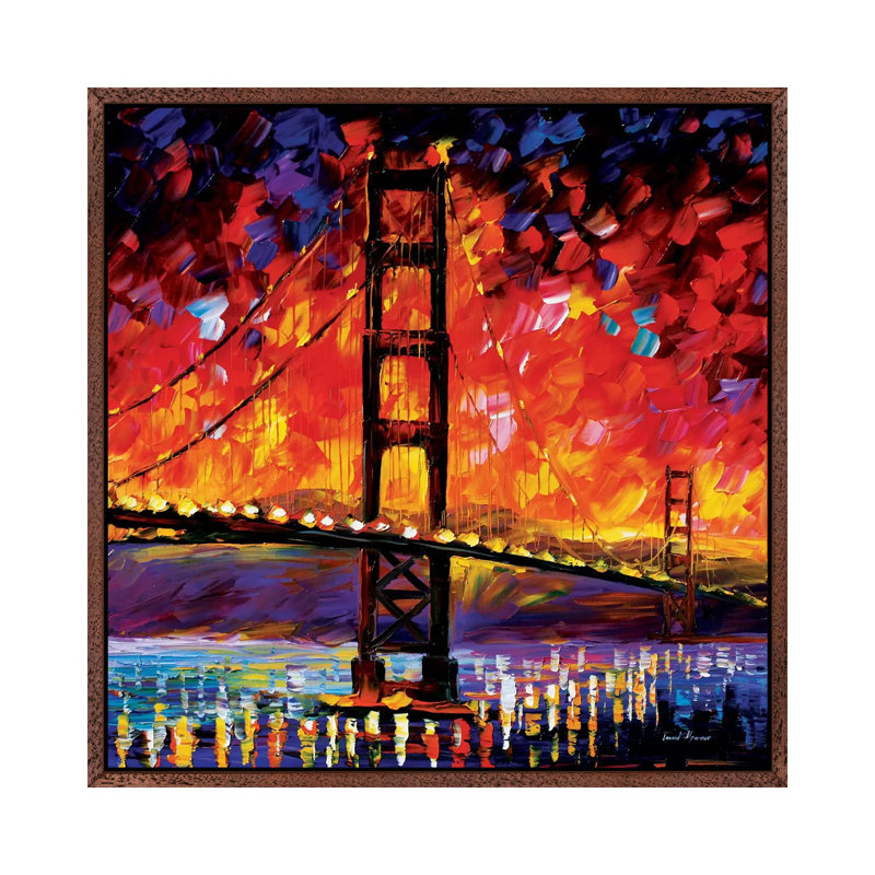 Golden Gate Bridge by Leonid Afremov - Painting on Canvas, 45.72 cm H x 45.72 cm W, Classic Brown Wood Framed Canvas