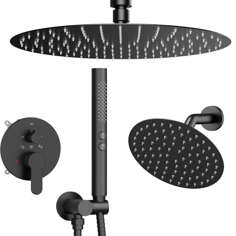 3 Way 12+6" Round Dual Rainfall Shower Head With Handheld Spray, Ceiling Mounted Rain Shower, Matte Black