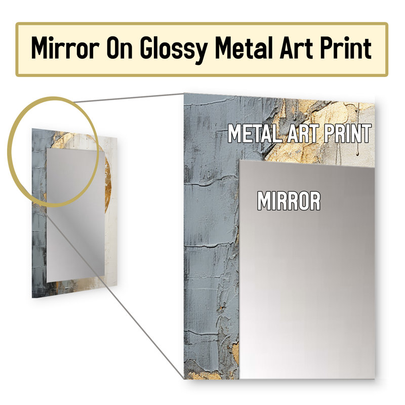 Minimalism Grey Gold Moon Poteries - Abstract Spirals Mirror, Gray Unique Wall Mirror, Printed Metal Art, 32" x 24"