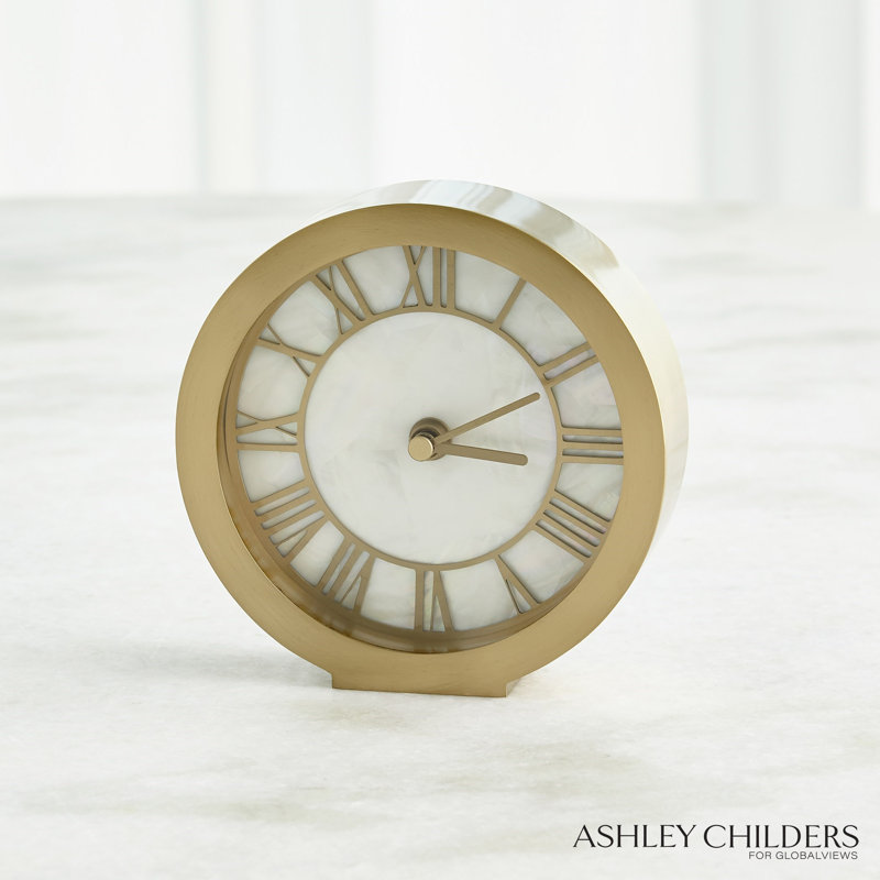 Mother Of Pearl Clock, Satin Brass