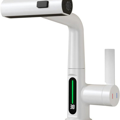 Pull-Out Lift LED Temperature Digital Display Bathroom Basin Faucet, Single Handle 360° Rotatable Waterfall 3-In-1 Basin Tap With Adjustable Height