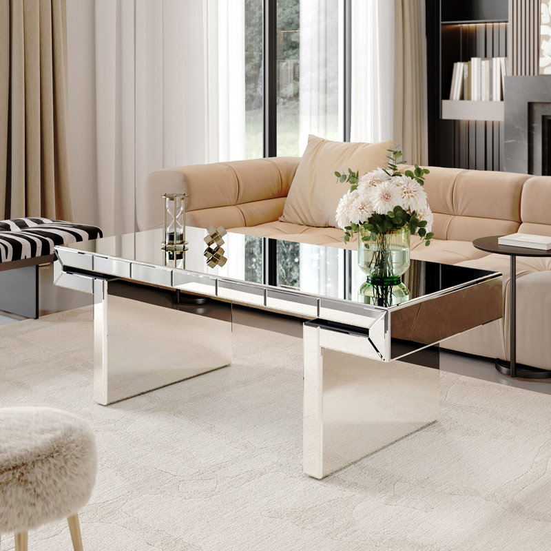 47 Inches Luxury Rectangular Mirror Coffee Table with Fluted Tempe Glass, Modern Sofa Side Table, Easy 2-Step Assembly, Light Luxury Style, Reinforced Packaging