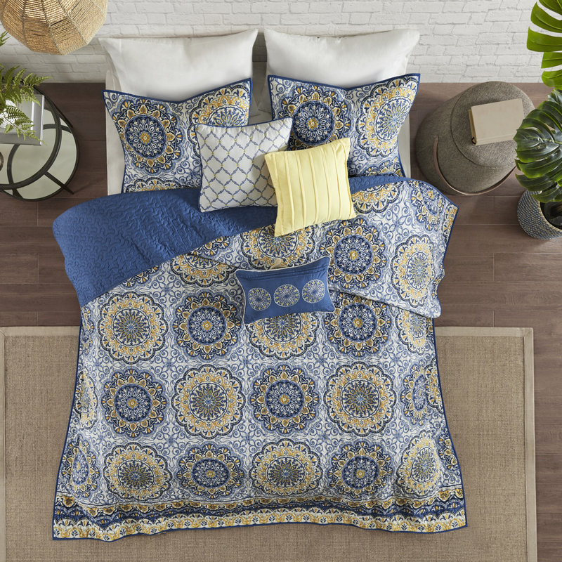 Courtepointe réversible avec coussins décoratifs - Motif floral double / grand bleu en microfibre douce, Blue