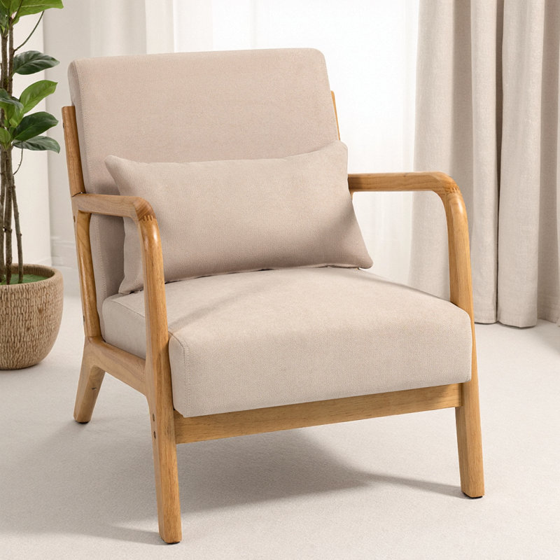Chaise de loisir Mid-Century moderne en lin - accoudoirs et pieds en bois massif, canapé d'appoint beige, Beige