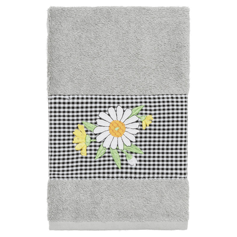 100% Turkish Cotton Daisy Embellished Towel Set, Light Gray, 1 Piece Hand Towel