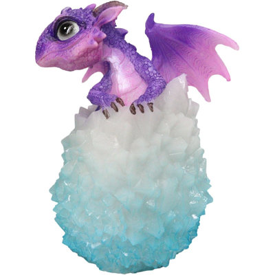 Whimsical Cute Purple Baby Dragon Hatchling In LED Crystal Icicles Egg Figurine