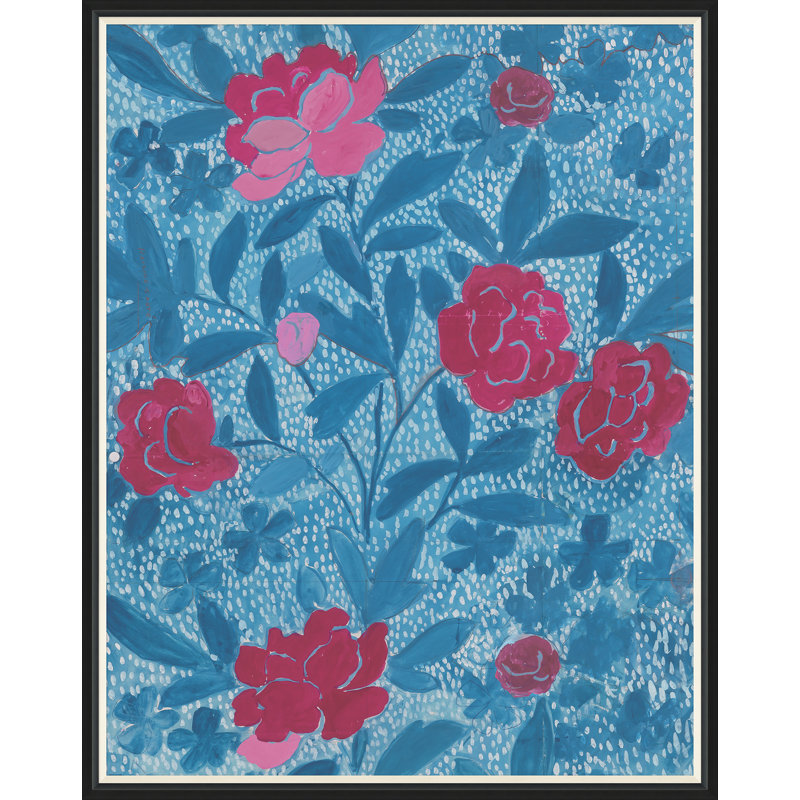 Floral Blue Print by Paule Marrot, 54" H x 43" W x 1.25" D, Black Framed