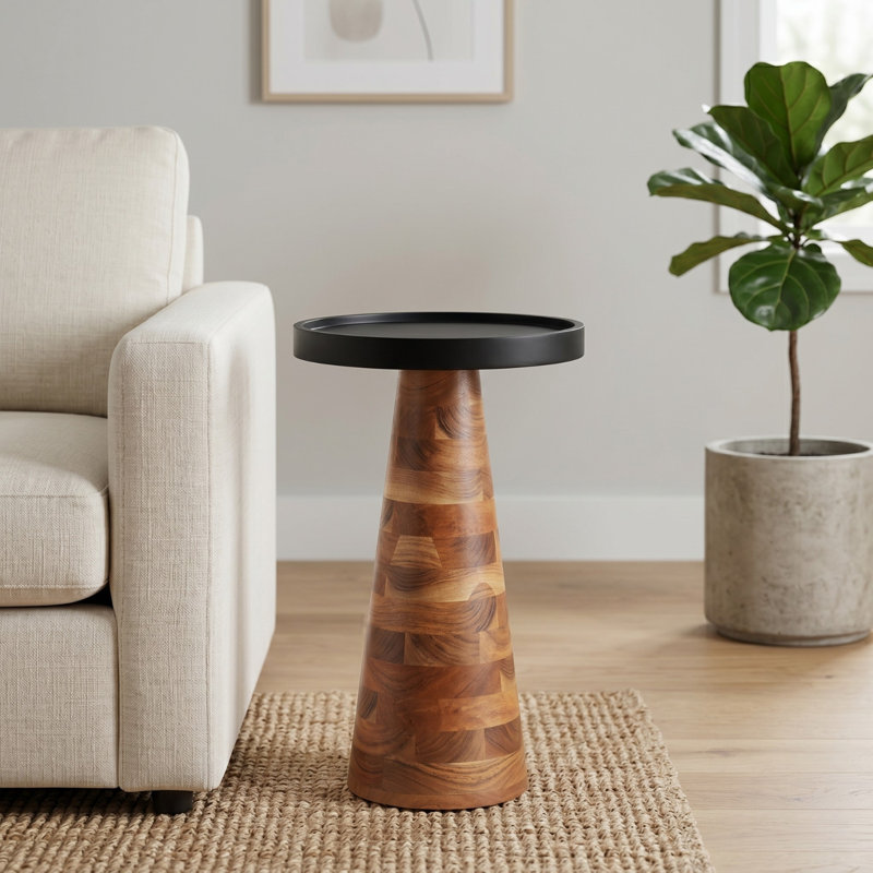 Mid-Century Farmhouse Cottagecore Handmade Wooden Accent End Table, Black, Natural
