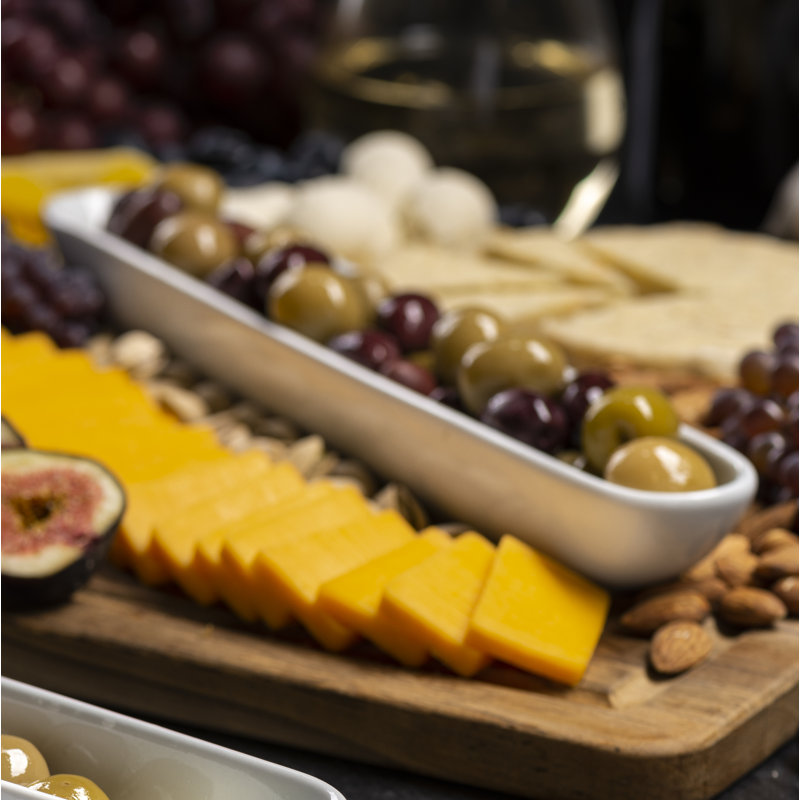 White Ceramic Olive and Cheese Boat Tray Set, 12 Inch