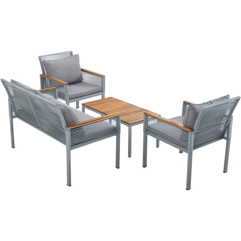 Wicker 4 - Person Garden Lounge Set, Grey Cushion/Brown/Grey Frame
