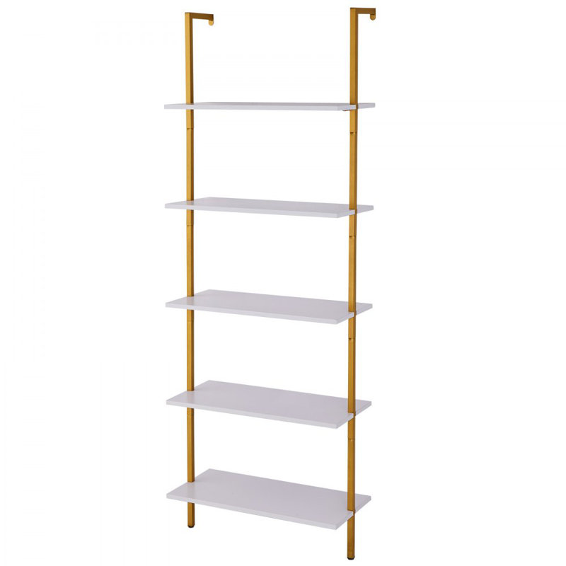 Industrial Square Pipe Shelf 5 Tier 11.8in Wall-Mount for Bedroom, Gold/White, 71.85" H x 25.2" W x 11.81" D