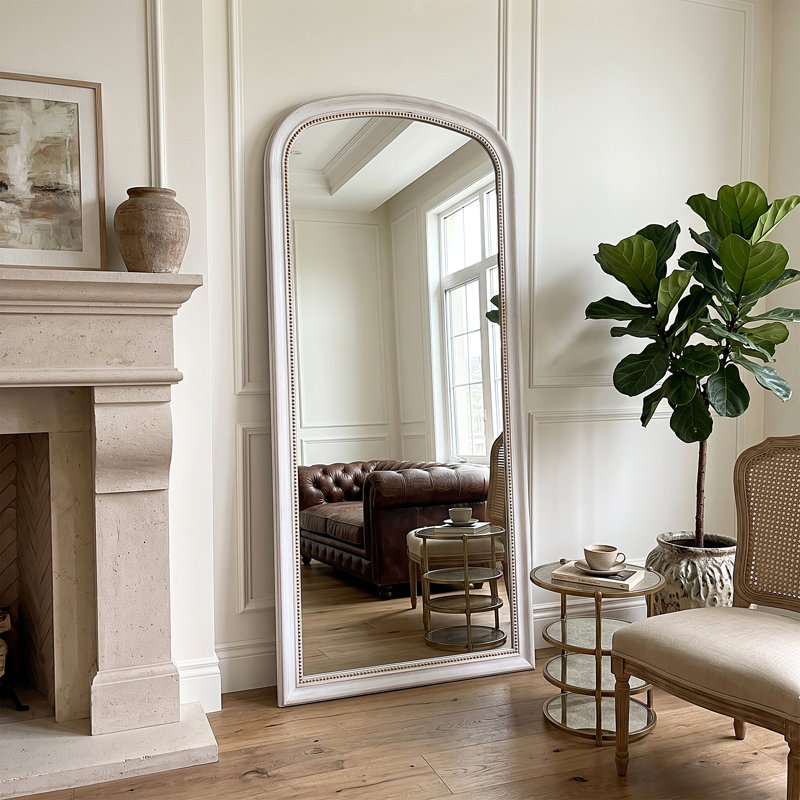 Beaded Arched White Wood Full Length Mirror