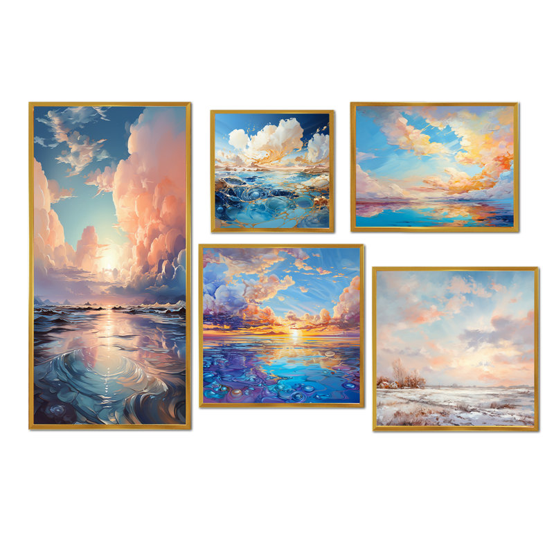 Ensemble de 5 décorations murales Clouds Charm, Cadre flottant doré