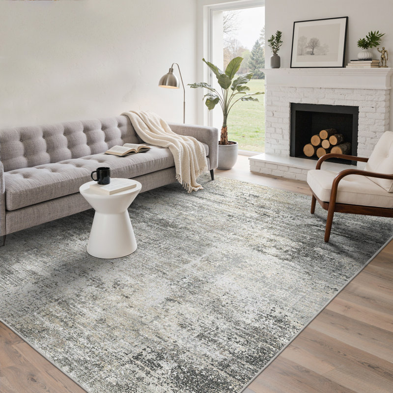 Mignone Pavelina Abstract Machine Washable Light Grey/Charcoal Indoor Area Rug With Non-Slip Backing, Rectangle 6' x 9'