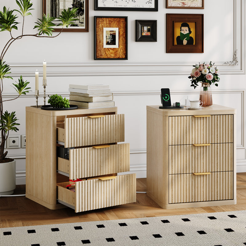 1 Pack/ 2 Pack Fluted Wood Nightstand with Charging Station, 1/2/3 Drawers, USB & Type-C Ports, Elegant Modern Vintage Side Table