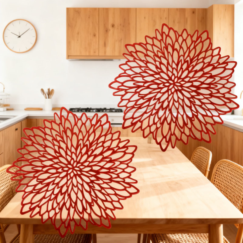 Ensemble de 12 napperons en vinyle rond à motif floral métallique pour la protection de la table de salle à manger et le décor des Fêtes, diamètre de 15 pouces