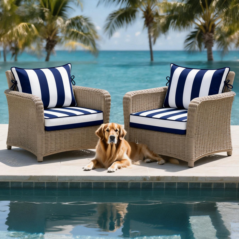 22 x 24 In Patio Furniture Cushions set of 2, Fade Resistant Outdoor Seat Cushions witj 4 pairs of Ties, Deep Seat Cushion for Seat Patio Chairs, Rattan Furniture, Wicker Seating, outdoor Adirondack Chair,Blue And White Stripes