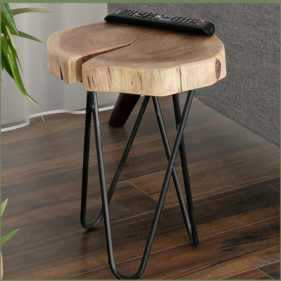 12" Acacia Wood End/Side Table, Living Room Accent Stool, Iron Hairpin Legs, Home Décor, Brown/Black