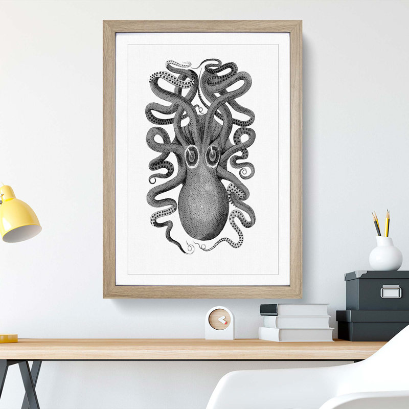 Octopus in Black and White by George Shaw - Framed Print, 36cm H x 27cm W x 2cm D, Oak Framed