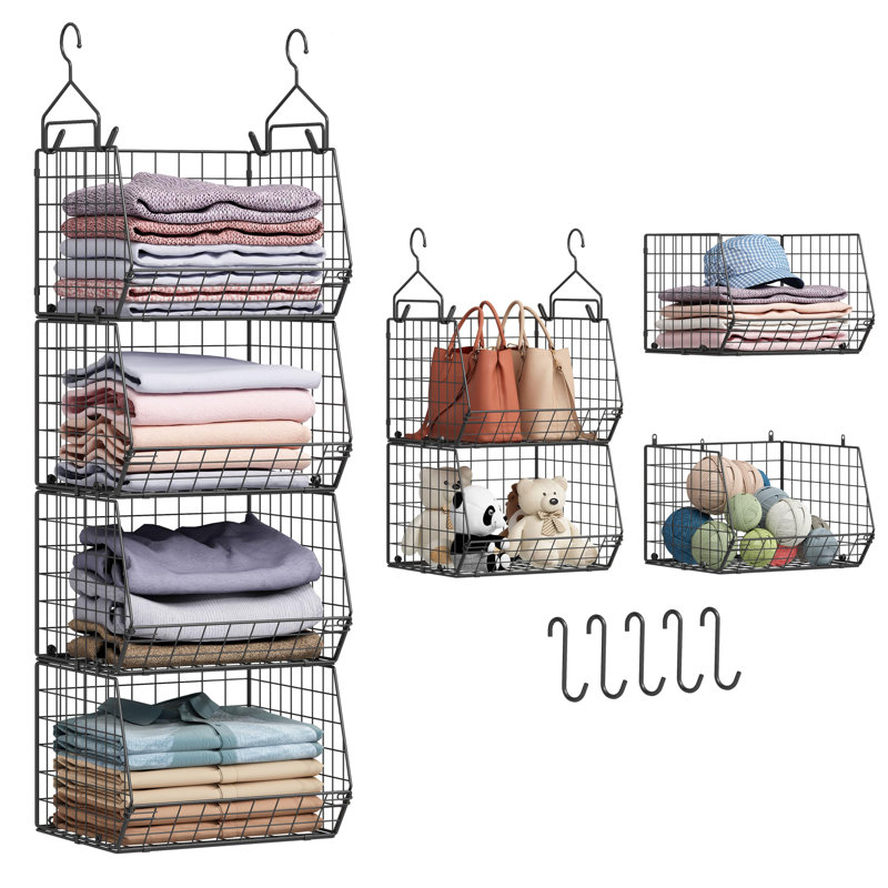 4 Tier Closet Hanging Organizer, Closet Organizers And Storage With 5 S Hooks, Closet Hanging Shelves & Freestanding Wire Storage Basket Bins, For Clothing Shoes Handbags