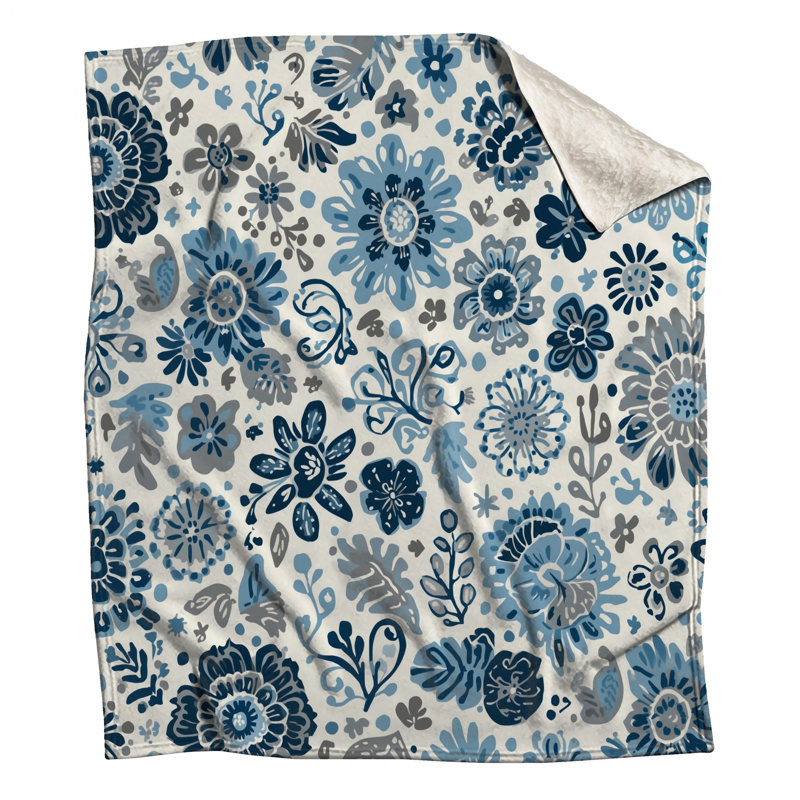 Blue Gray Floral Pattern Blankets, 60in W x 80in H