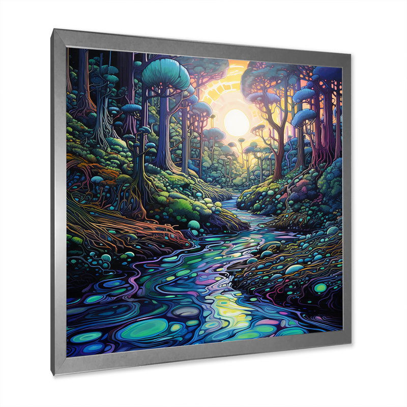 Fantaisie, forêt colorée, impression sur toile, Cadre simple argenté, H 30 po x l 30 po x P 1 po