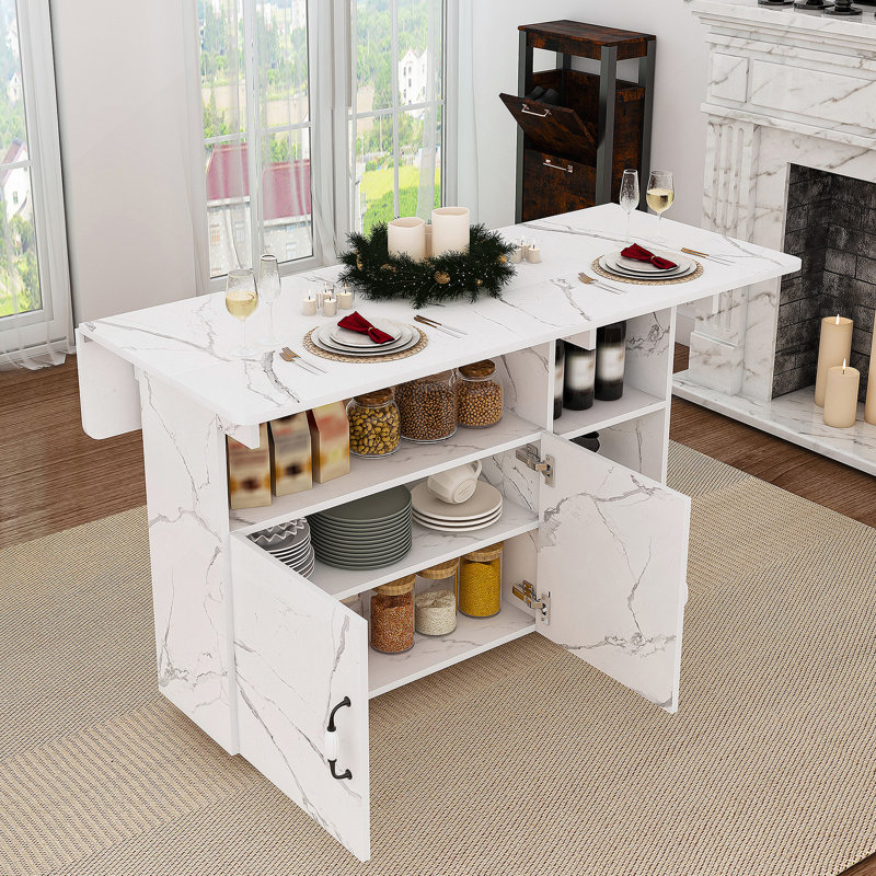 Multi-Functional Folding Table With Storage Shelves And Wheels, 47 Inch Foldable Dining Table For Small Spaces, Compact Desk For Kitchen, Dorm, Office(White)