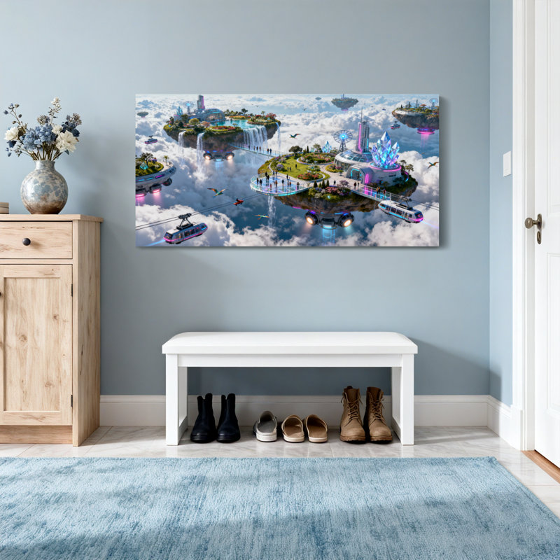 «Fantasy & Sci-Fi Floating Islands Sky City Futuristic Landscape Hover Trains Cloudscape Fantasy World», reproduction d'art sur toile
