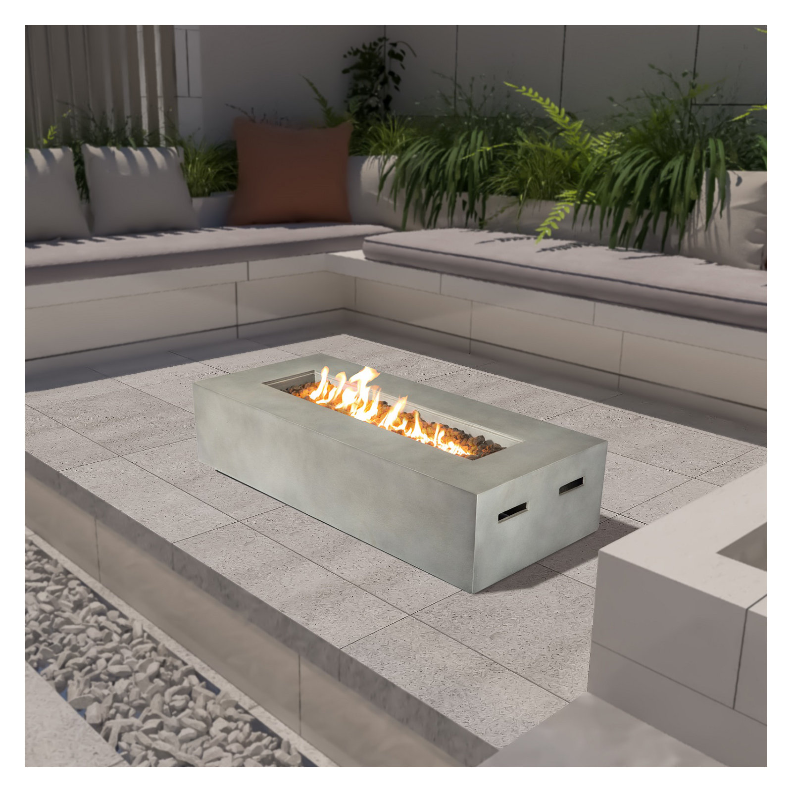 Rashid Concrete Propane Rectangle Outdoor Fire Pit Table, Natural Concrete, 15" H x 48" W x 30" D