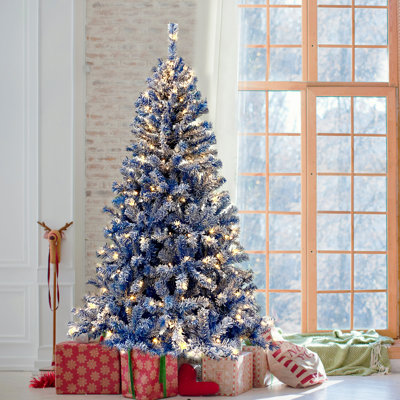 Sapin de Noël artificiel à charnière pré-éclairé 6 pi, arbre de Noël artificiel enneigé enneigé avec 750 branches de Noël