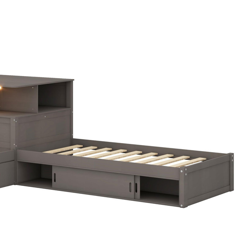 Lit plateforme en L avec éclairage à DEL et armoires, cadre de lit plateforme en bois avec lit gigogne et bureau, Gris