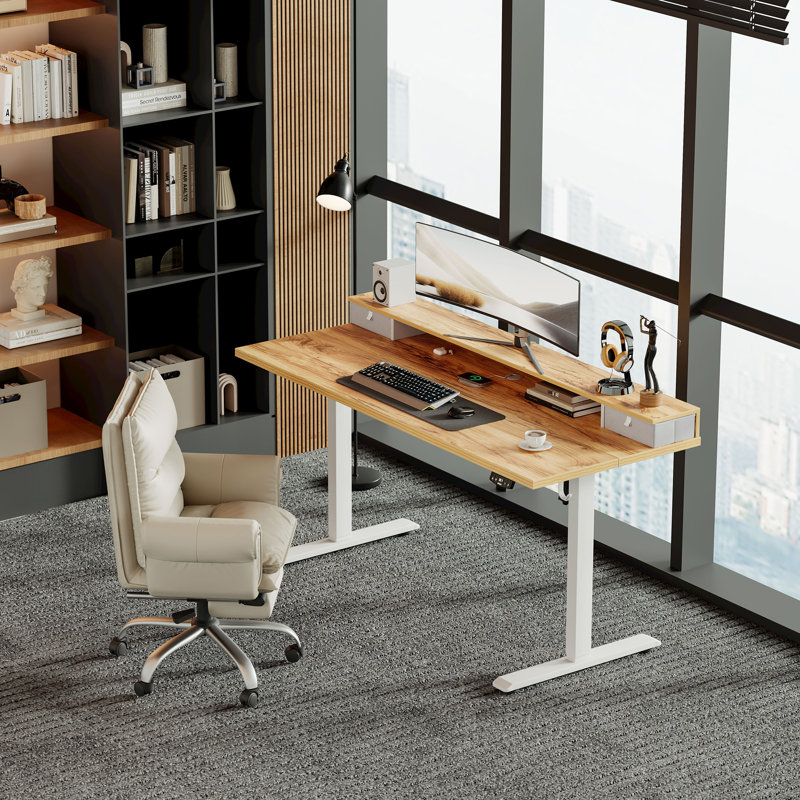 Electric Standing Desk With Drawers,Home Office Height Adjustable  Desk with Large Monitor Shelf, White/Light Rustic Brown