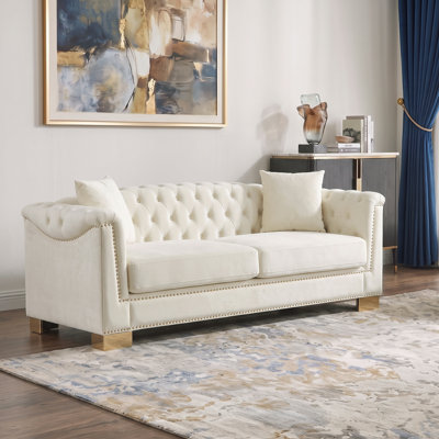 Velvet Chesterfield Sofa with Tufted Back and Arms, Nailhead Trim, Removable Cushions, Solid Wood Frame, Living Room Sofa