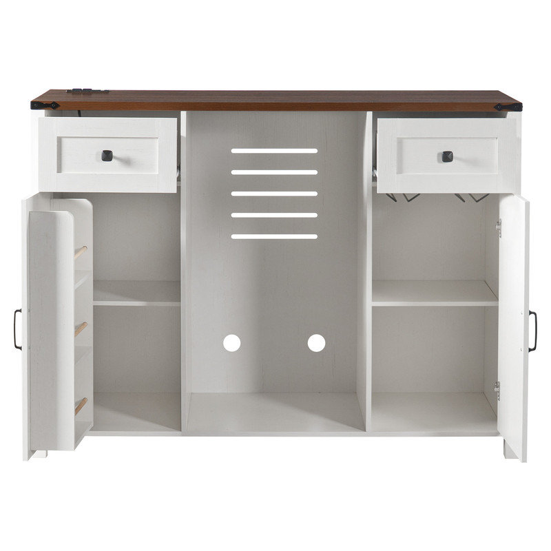 Buffet de 53 po avec buffet cannelé et barre de café avec prise intégrée et mini-réfrigérateur, Blanc