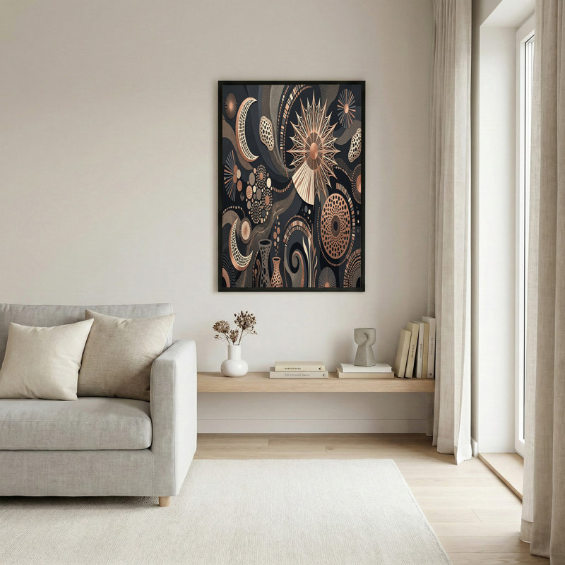 Bronze et noir, lune céleste, motif géométrique sur toile, H 24 po x l 36 po
